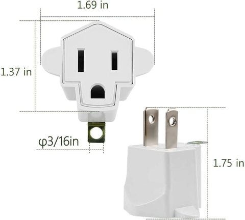 2 Pack ETL Listed 3-Prong To 2-Prong Adapter, Polarized Grounding Converter, heavy-duty fireproof PBT material, dimension details shown