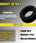 Coiled 50 ft black rope detail for Heavy Duty Block And Tackle System With 2200 Lbs Breaking Strength Fifty Feet Of Three Eighths Inch Rope Five To One Lifting Power Pulley Hoist For Construction Warehouses Animal Husbandry And Farm Use Built Like A Boss Durable Black.