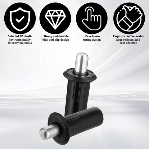 8 Piece Black Metal Cabinet Door Damper Pins Spring Loaded Telescopic Pivot Pins For Cabinet Doors And Shutters Furniture Repair And Maintenance Kit For Quick Home Repairs, showing close-up of two black spring-loaded pins with silver tips against design elements.