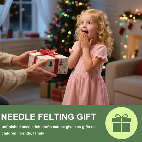 Child receiving a gift with a Christmas tree in the background, perfect timing for needle felting gift projects.