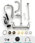 Robust Wall Mount Kitchen Sink Faucet With A Slick Polished Chrome Surface and parts including 18 inch hose and aerator for dishwashing.