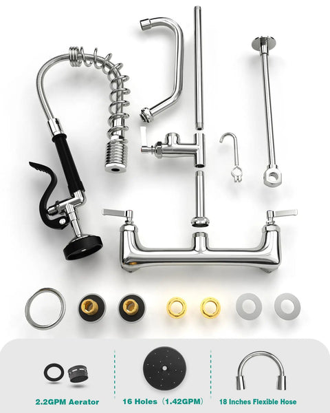 Robust Wall Mount Kitchen Sink Faucet With A Slick Polished Chrome Surface and parts including 18 inch hose and aerator for dishwashing.