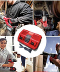 Two Bay 18V Lithium Battery Charger With Lightning Fast One Hour Charge shown with users and power tools.