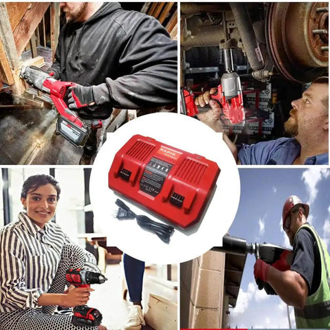 Two Bay 18V Lithium Battery Charger With Lightning Fast One Hour Charge shown with users and power tools.