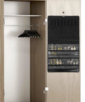 Double Sided Jewelry Hanging Storage Organizer Bag For Closet With Pouch Keeps Watches Ties Hair Accessories Locked Away For Hella Neat Dresser Vibes Forever hanging on a closet door.