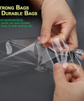 Hands demonstrating the strength of Clear 9x12 Self Seal Cello Bags Pack Of 50 For Packaging Clothes T Shirts Art Prints Treats Party Favors And Gifts Reusable 2.8 Mil OPP Poly Bags Ideal For Small Business Shipping And Storage