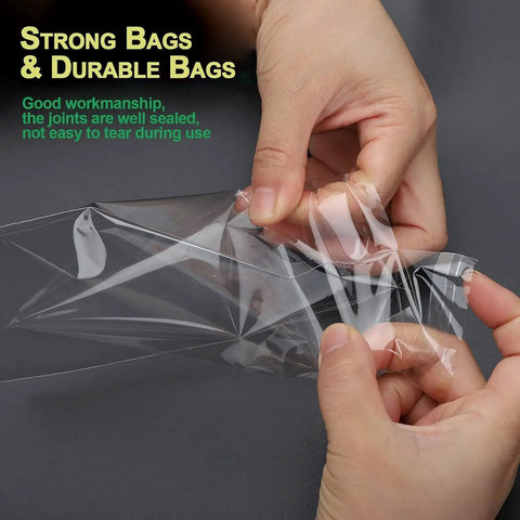 Hands demonstrating the strength of Clear 9x12 Self Seal Cello Bags Pack Of 50 For Packaging Clothes T Shirts Art Prints Treats Party Favors And Gifts Reusable 2.8 Mil OPP Poly Bags Ideal For Small Business Shipping And Storage