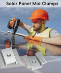 Worker installing solar panels with 50 Pcs Aluminum Solar Panel Mid Clamps 1.06 Inch For Roof Mounts, Silver Bulk Kit.