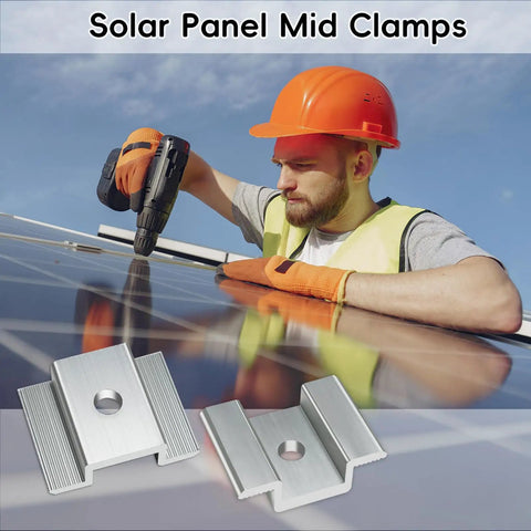 Worker installing solar panels with 50 Pcs Aluminum Solar Panel Mid Clamps 1.06 Inch For Roof Mounts, Silver Bulk Kit.