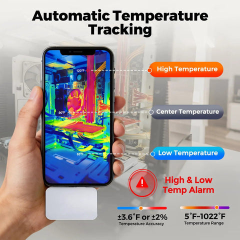 Thermal Camera For Android USB C With Macro Lens And 512 By 384 Super Resolution Infrared Imaging 256 By 192 IR Resolution Thermal Imager For Home DIY And Industrial PCB Inspections Temperature Range From 5 To 1022 Fahrenheit Not For iOS displaying thermal image and temperature tracking.