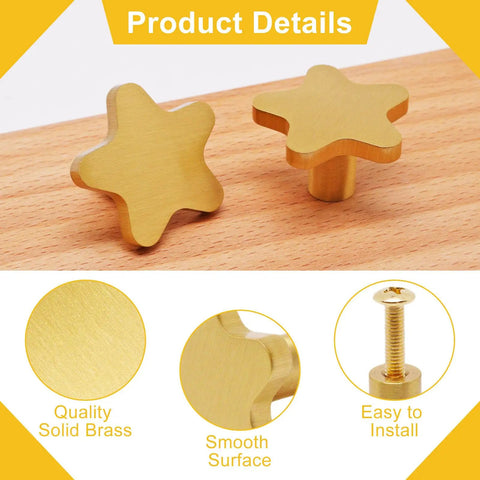 Two Pack Dope Brass Star Cabinet Knobs Antique Solid Brass Drawer Pulls Brushed Gold Finish 1.32 Inch Diameter Includes Four Screws