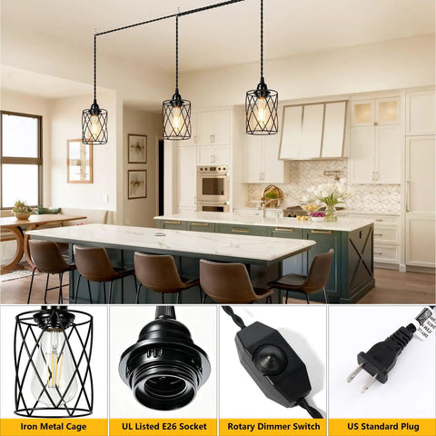 Sleek 15 Foot Plug In Pendant Light With Dimmable Black Metal Shade And Twisted Cord Zero Hassle Hook Up Industrial Ceiling Fixture in kitchen