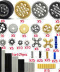 Technical Gears Axle Pin Connectors And Rack Gear Set With Rubble Wheels For Creative MOC Cars And STEM Builds displayed in parts