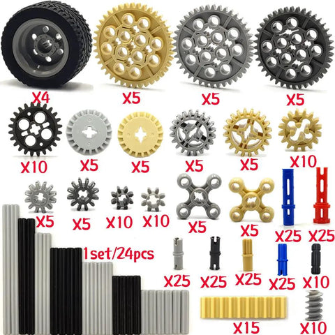 Technical Gears Axle Pin Connectors And Rack Gear Set With Rubble Wheels For Creative MOC Cars And STEM Builds displayed in parts