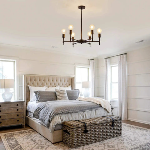 Six Light Sputnik Ceiling Fixture In Matte Black Industrial Farmhouse Vibe Modern Semi Flush Mount Pendant Light in bedroom