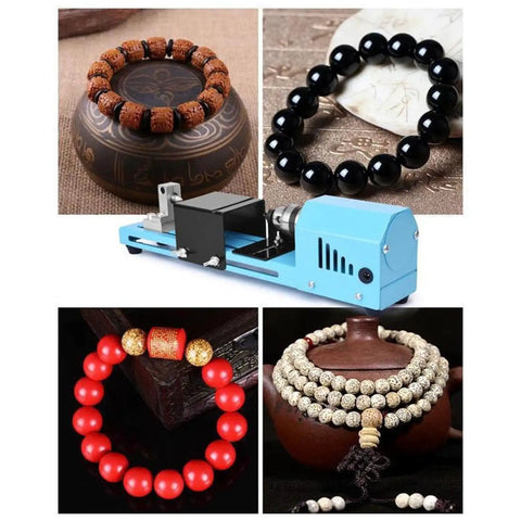 Industrial Mini Lathe Machine 12-24V With Precision Drill Chuck For DIY Wood Beads, showing red, black, and wooden bead bracelets.