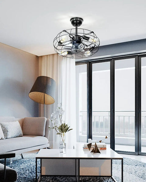 Farmhouse Ceiling Fan With Lights 20 Inch Caged Ceiling Fan Light With Remote Control in modern living room.