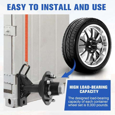 Hella Tough Shipping Container Rollers With An 8 By 6 Point 5 Lug Setup And Heavy Duty Axle Kit for easy installation with 8000 lbs capacity.