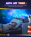 Child sleeping under Astronaut Galaxy Star Projector Nebula Night Light With Timer And Remote For Kids And Adults, nebula glow on wall.