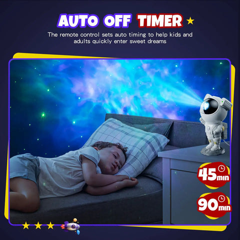 Child sleeping under Astronaut Galaxy Star Projector Nebula Night Light With Timer And Remote For Kids And Adults, nebula glow on wall.