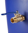 Heavy Duty Garden Hose Shut Off Valve With Long Handle High Flow Brass Three Quarter Inch GHT Ball Valve visible on a blue barrel