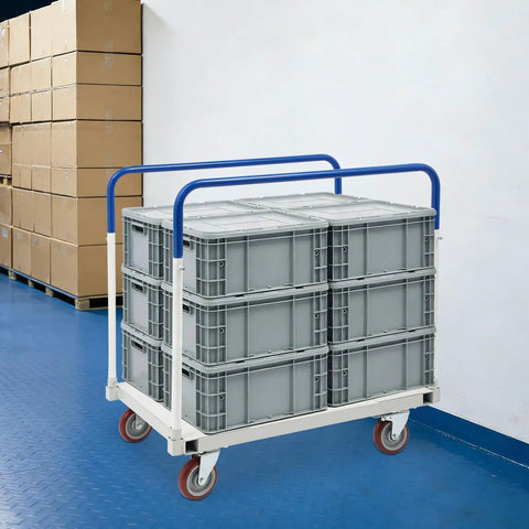 Beefy Heavy Duty Moving Dolly With 1500 Lb Capacity, Steel Platform Cart, Four Wheel Panel Cart, Rugged Steel Frame For Moving Heavy Gear And Equipment, Ideal For Garages, Warehouses, And Loading Jobs, Smooth Roll With Four Wheel Design. Gray crates on steel dolly