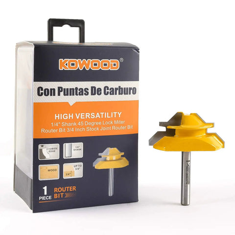 Heavy Duty Pro Grade Carbide Lock Miter Router Bit 45 Degree Cut 3/4 Inch Cutting Height 1/4 Inch Shank with packaging