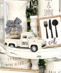 Vintage farmhouse decor with Dope Coffee Bar Truck Decor With Metal Diecast Pickup on a tiered tray.