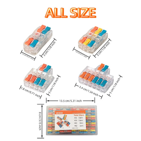 All sizes of Lever Wire Connectors Kit, Tool-Free Quick Push-In Splice Connectors For Lighting Fixtures, 30-Pack displayed in measurements