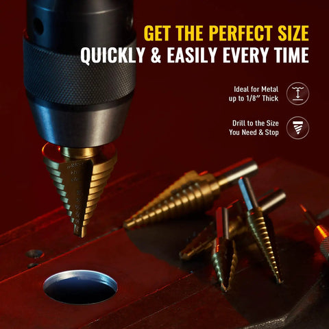 Titanium Coated Step Drill Bit Set With Automatic Center Punch for sheet metal drilling, showing bits and usage on metal surface.