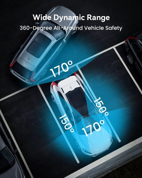 Four Channel Dash Cam With 360 Degree View And 1080P showing wide angle coverage of parked cars.