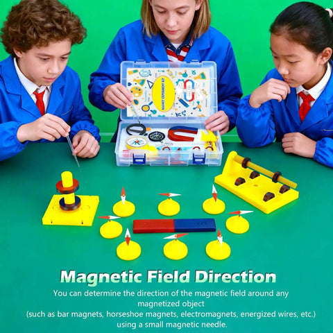 Students using Electromagnetism Magnet Experiment Kit For Curious Minds With Bar Ring And Horseshoe Magnets, Compass And Electromagnet