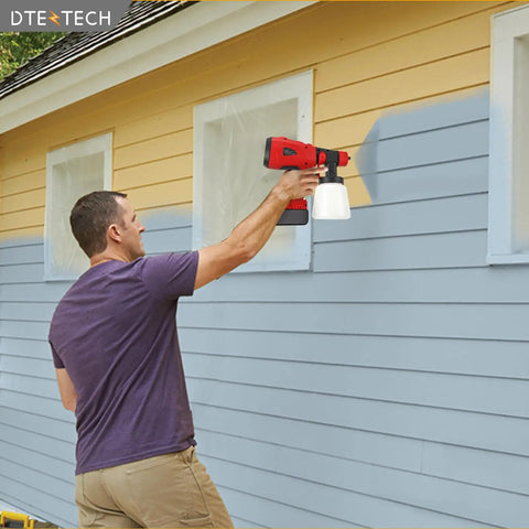 Cordless HVLP Paint Sprayer For Milwaukee 18v Battery Tool Only, 200w Brushless Motor handheld spray gun in action painting a house.