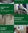 Detailed view of The Real Deal Commercial Stainless Steel Milk Pasteurizer Tank showing stirring rod, butterfly valve outlet, and motor.