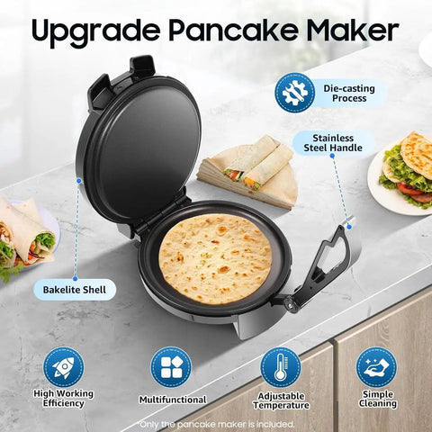 Upgrade 1200W Electric Roti Maker Automatically Presses Chapati Naan And Tortillas Fast Flatbread Cooker on counter with wraps.