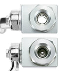 Two chrome-plated hydraulic ball valves, 3/8 in NPT, 7250 PSI, front and side views.
