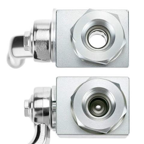 Two chrome-plated hydraulic ball valves, 3/8 in NPT, 7250 PSI, front and side views.