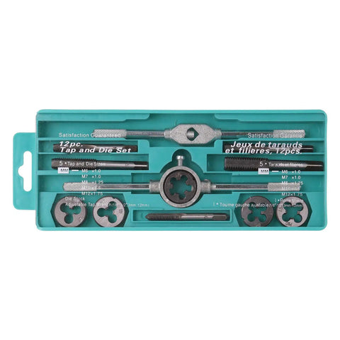 Fafeicy Alloy Steel Tap And Die Set With Adjustable Wrench 12 Or 20 Piece Thread Repair Kit For Auto Repair And Machinery Threads Fixing Damaged Nuts Bolts To Restore Original Condition. 12-piece case with M6-M12 dies