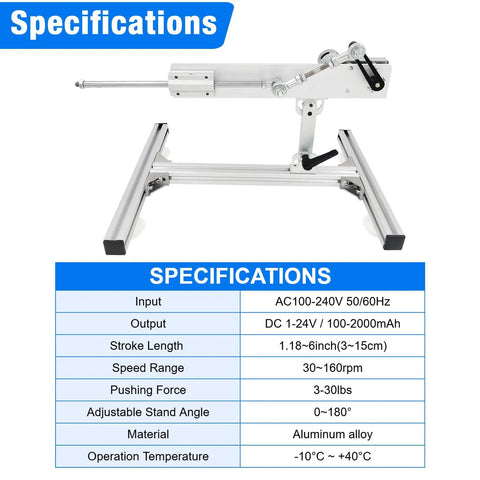 Heavy Duty 24V Telescopic Linear Actuator With Adjustable Stroke 1.18 To 6 In 30 Lbs Push Force At 160 RPM on stand with specs chart