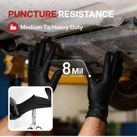 Heavy Duty Nitrile Work Gloves 8 Mil Thick Tough As Nails Textured Grain Grip Powder And Latex Free Job Site Ready Industrial Safety Gloves Black Large 100 Pack worn while working under a vehicle.