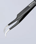 Close-up of ESD Precision Tweezers with sickle tips, anti magnetic stainless chrome nickel steel, non reflective black coating for low glare handling