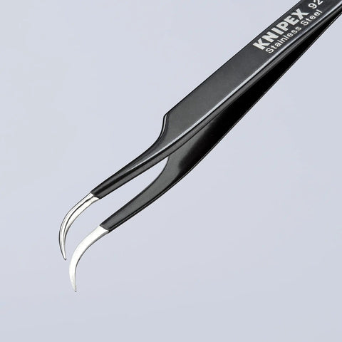 Close-up of ESD Precision Tweezers with sickle tips, anti magnetic stainless chrome nickel steel, non reflective black coating for low glare handling