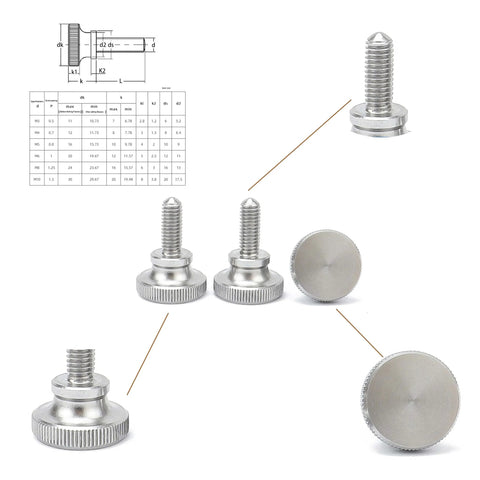 Knurled Thumb Screws M6x30mm Flat Head With Shoulder Grip Ten Pack 304 Stainless Steel Rust Resistant Hardware shown in various angles