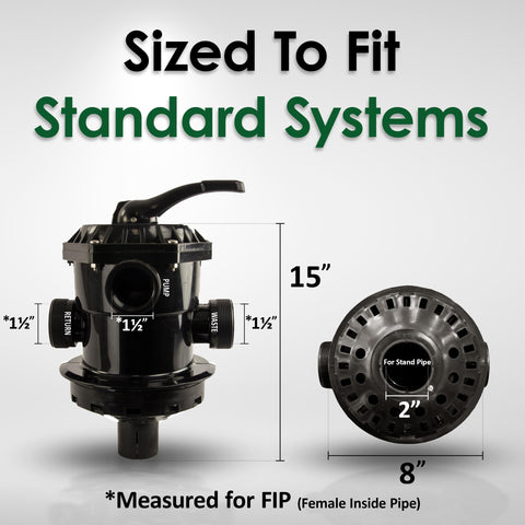 VariFlo Top Mount Multiport Valve Six Way Replacement for Pool Sand Filters dimensions diagram and size specifications