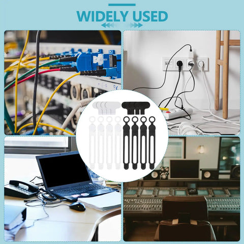 40 Piece Silicone Cable Tie And Label Set For Wires Includes 20 Ties And 20 Identification Labels Multipurpose Reusable Wire Organizer For Cords Chargers Home Office And Tech Gear shown in various use scenarios