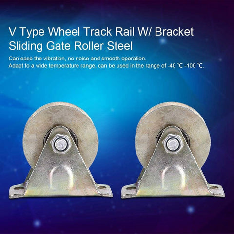 Front view of 2 Inch V Type Sliding Gate Roller Set For Heavy Duty Steel Wheel Track Rail Ideal For Sliding Gates