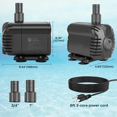 1160 GPH Submersible Water Pump With Eleven And A Half Feet Lift For Pond Aquarium Fountain Waterfall Hydroponics shown with dimensions and components
