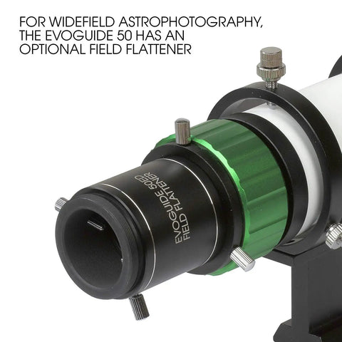 Close-up of EvoGuide 50DX 50mm APO Doublet Refractor with optional field flattener for astrophotography.
