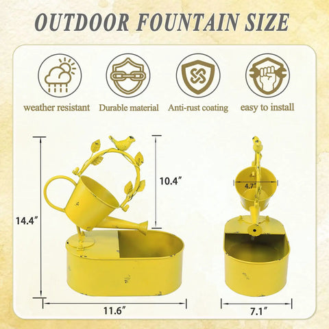 Dimensions and features of solar powered outdoor water fountain with battery backup for garden bird bath yard decor