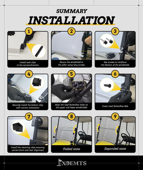Installation guide for Solid Rider EZGO TXT Golf Cart Windshield with steps for assembling the foldable shield.